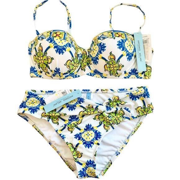 ANTONIO MELANI NWT Blue Tile Italian Floral Print 2 Piece Bra Bikini – Medium - Picture 6 of 6